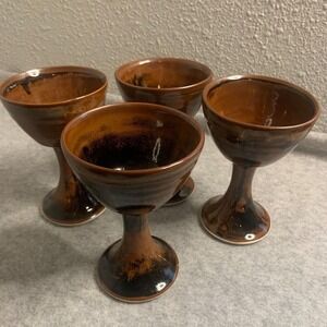 Vintage Studio Pottery Stoneware Goblets Set of Four Glazed Brown Black 6x3-3/8